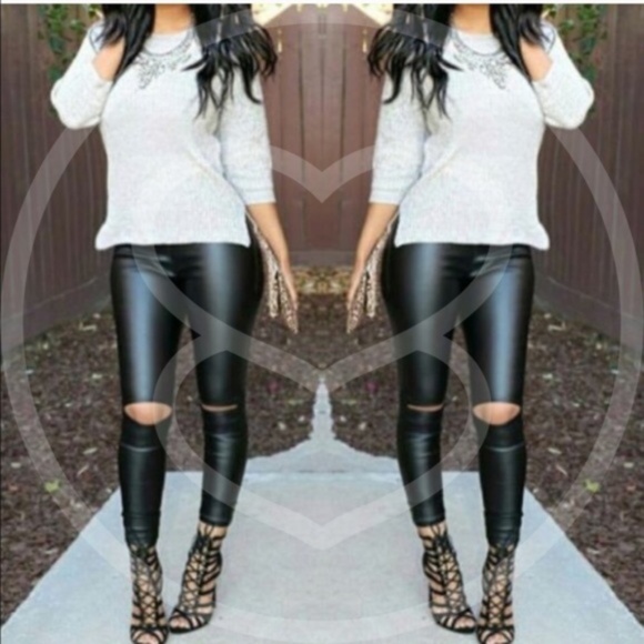 BellanBlue Pants - #19 Black Cut out knee Vegan leather high waist leggings